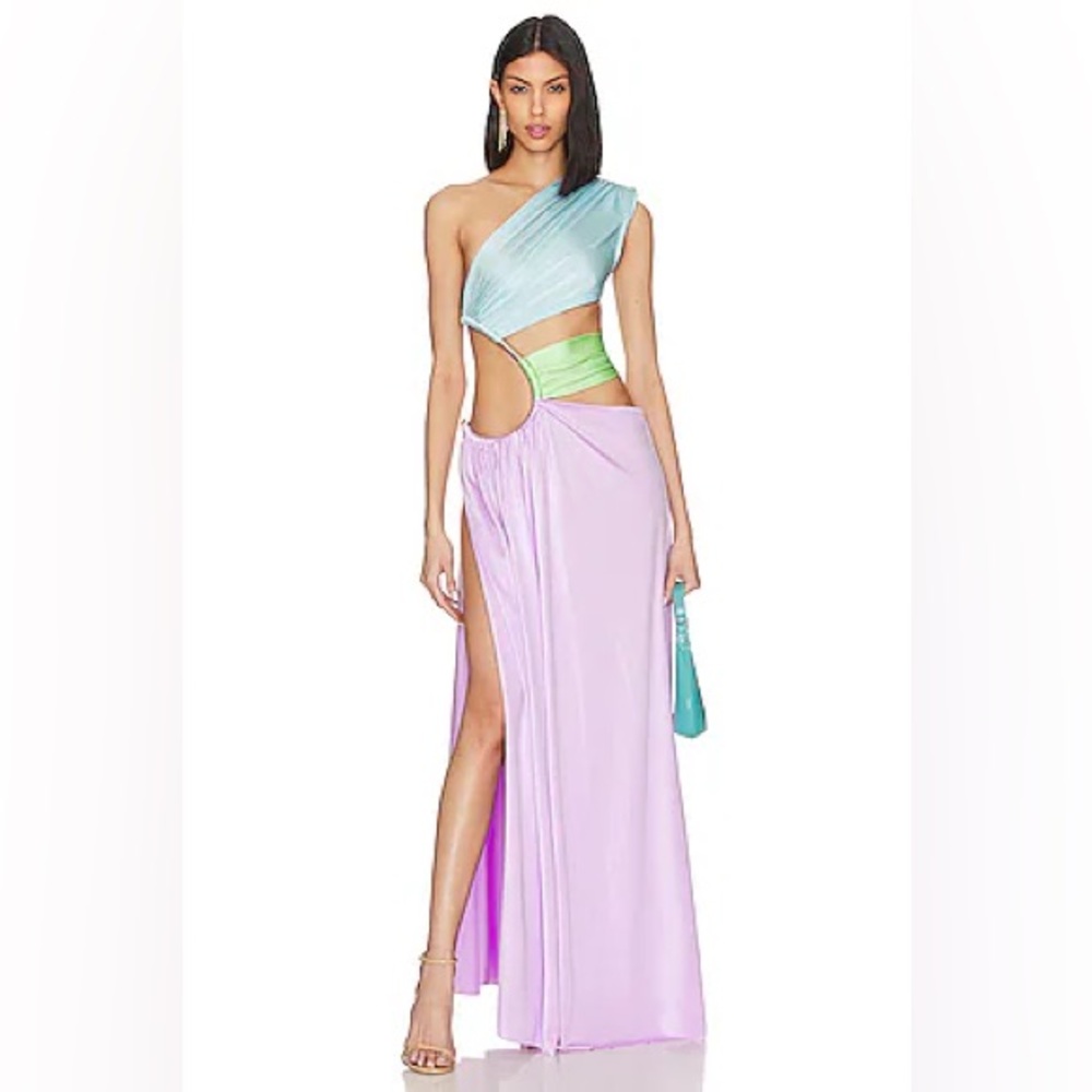 Bronx & Banco Jamilia Shoulder Cutout Gown in Multicolor Lilac & Green XS NWOT